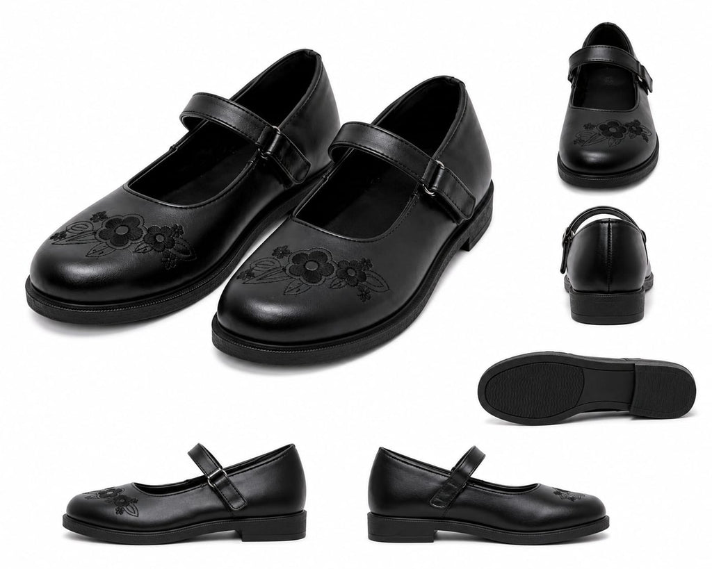 Easy USA Girls' Floral Embroidered Mary Jane School & Dress Shoes – Black