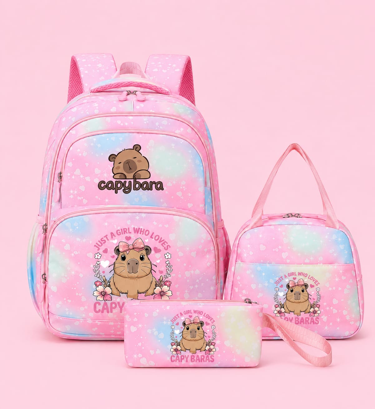 Cute Capybara 3-Piece Kids' School Backpack Set with Lunch Bag & Pencil Case – Pastel Pink