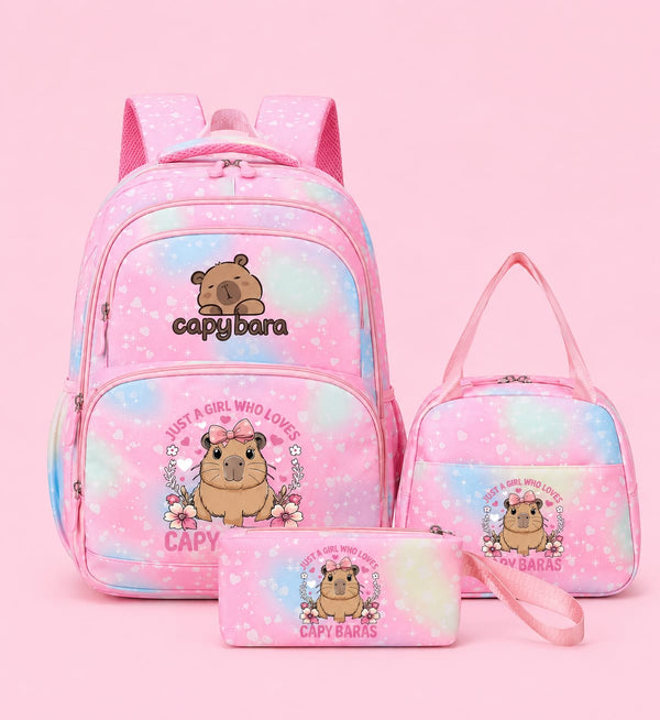 Cute Capybara 3-Piece Kids' School Backpack Set with Lunch Bag & Pencil Case – Pastel Pink