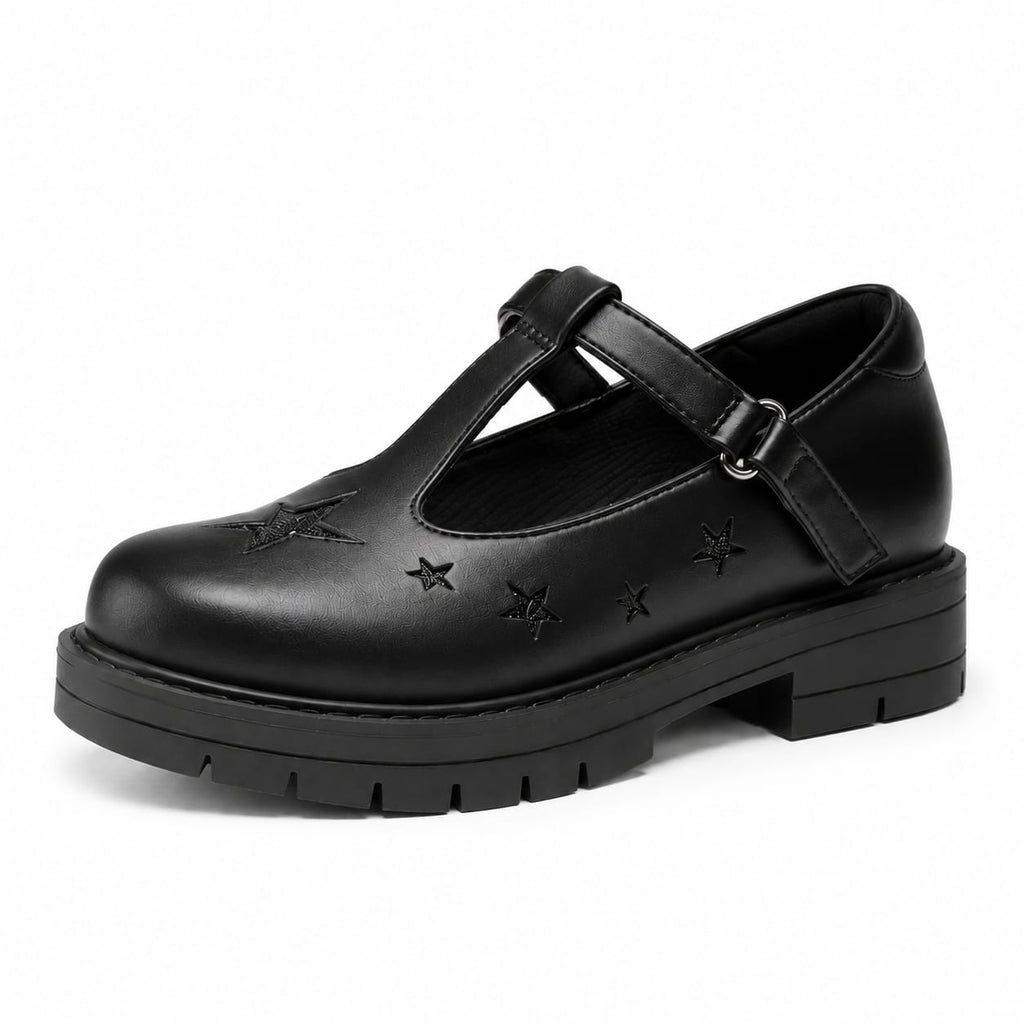 Girls' Chunky Star-Embossed Mary Jane School Shoes – T-Strap