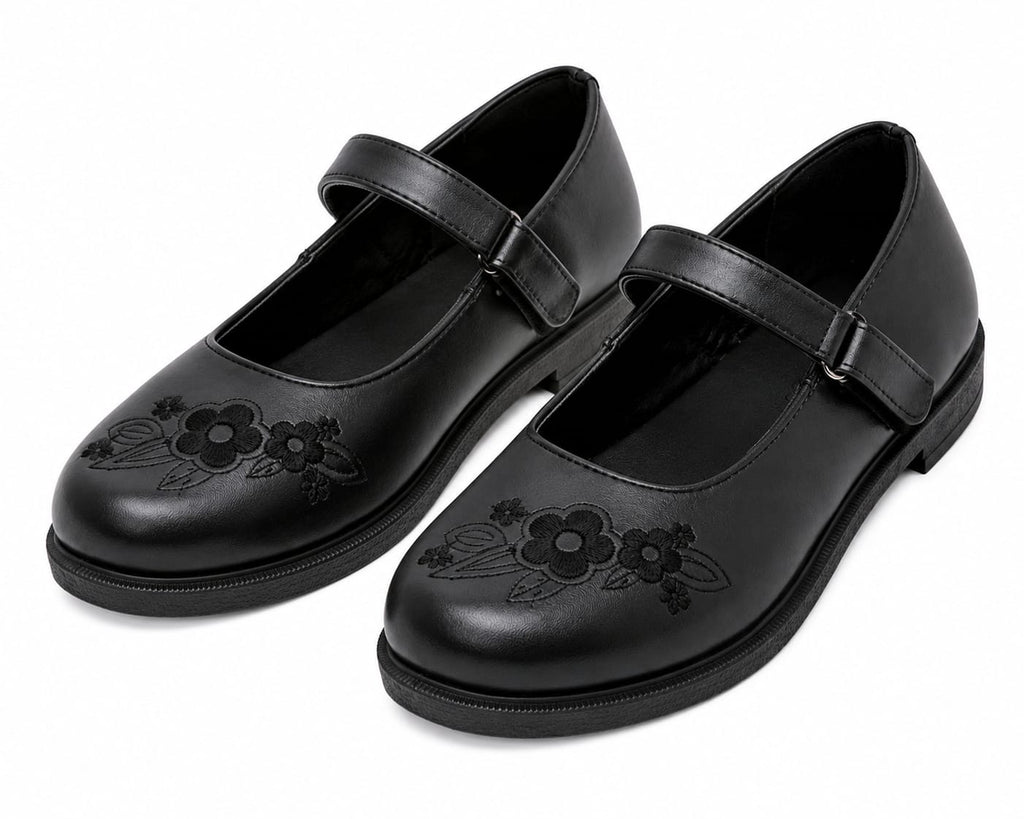 Easy USA Girls' Floral Embroidered Mary Jane School & Dress Shoes – Black