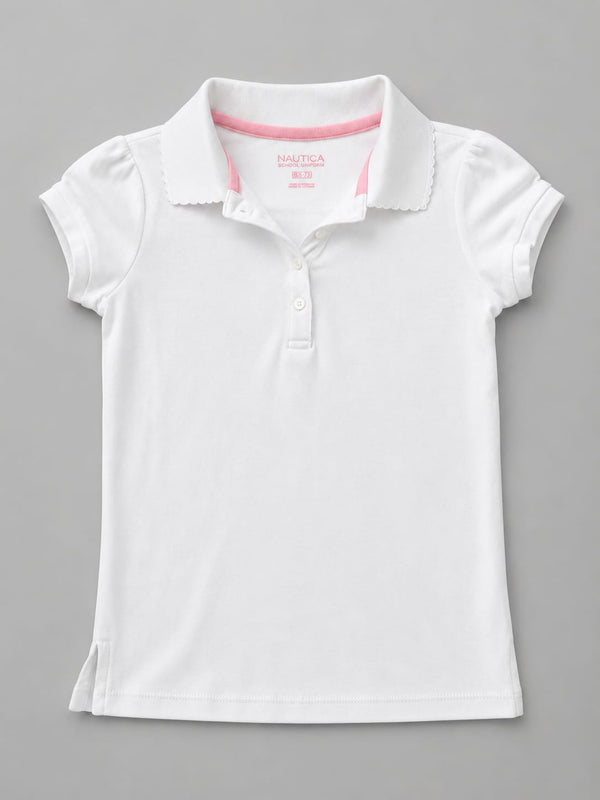 Nautica Girls' Short-Sleeve School Uniform Polo Shirt – White with Pink Trim