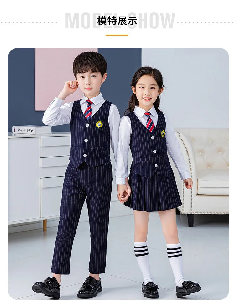 Boys Vest School Uniform Suits Girls Striped Waistcoat Pant Skirt Outfits Child Student Costumes Kids Chorus Team Clothes Sets