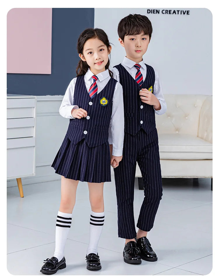 Boys Vest School Uniform Suits Girls Striped Waistcoat Pant Skirt Outfits Child Student Costumes Kids Chorus Team Clothes Sets