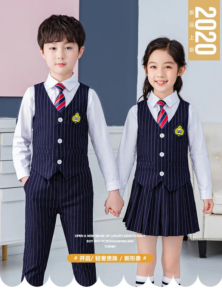 Boys Vest School Uniform Suits Girls Striped Waistcoat Pant Skirt Outfits Child Student Costumes Kids Chorus Team Clothes Sets
