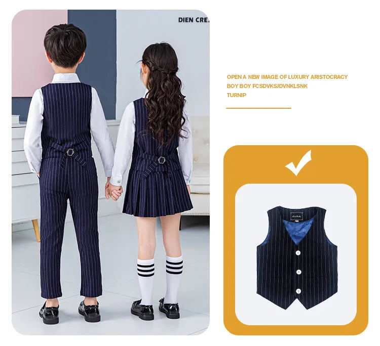 Boys Vest School Uniform Suits Girls Striped Waistcoat Pant Skirt Outfits Child Student Costumes Kids Chorus Team Clothes Sets
