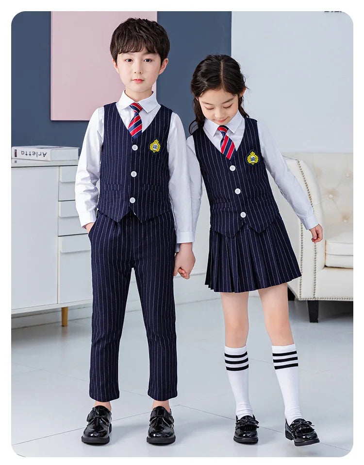 Boys Vest School Uniform Suits Girls Striped Waistcoat Pant Skirt Outfits Child Student Costumes Kids Chorus Team Clothes Sets