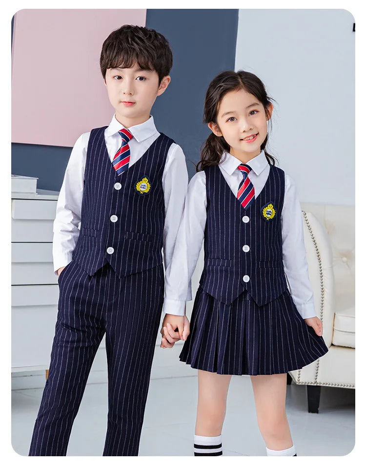 Boys Vest School Uniform Suits Girls Striped Waistcoat Pant Skirt Outfits Child Student Costumes Kids Chorus Team Clothes Sets