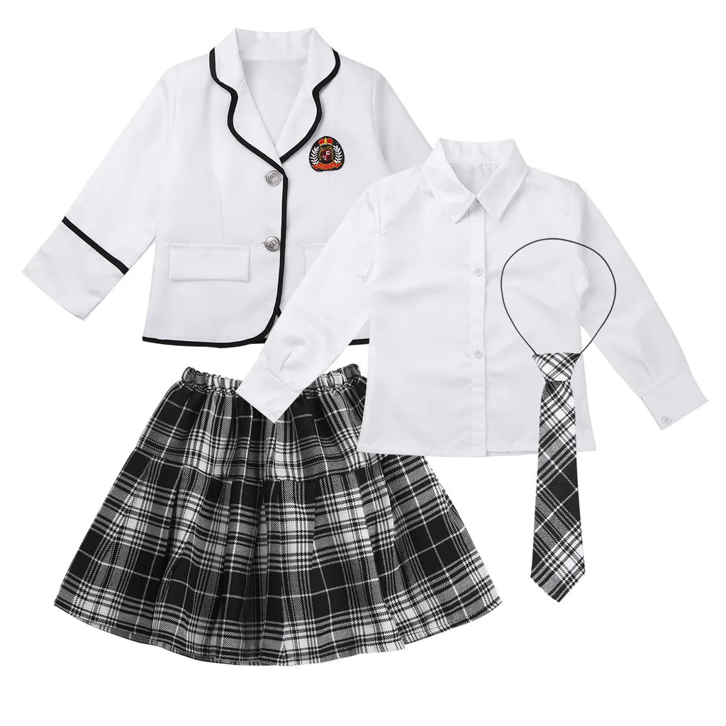 Kids Teens Japanese School Uniform Cosplay Student Costume Girls British Style School Uniform Coat with Shirt Tie Mini Skirt Set