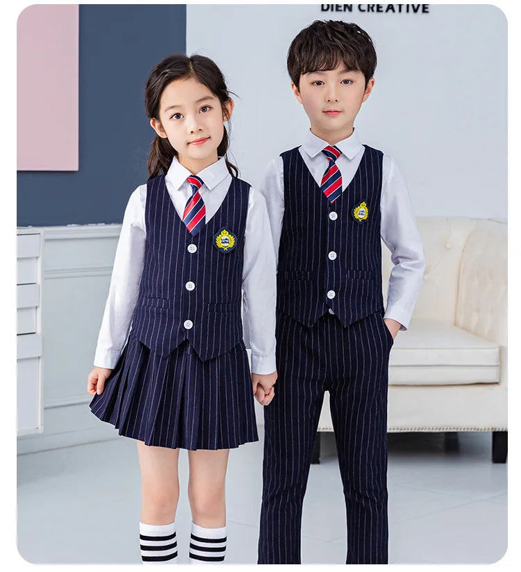 Boys Vest School Uniform Suits Girls Striped Waistcoat Pant Skirt Outfits Child Student Costumes Kids Chorus Team Clothes Sets