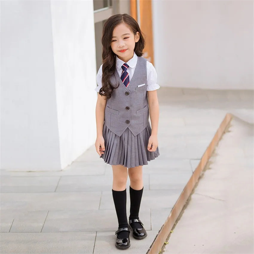 Children Korean School Uniform Boys Girls Pleated Skirt Vest Top Kids Performance Clothing Set Stage Wear Student Uniform Outfit