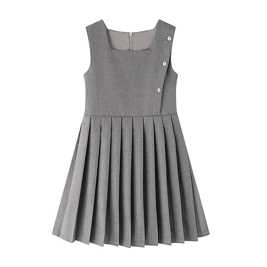 Kids Girls School Uniform Jumper Dress Student Uniform Costume Round Neck Sleeveless Zipper Pleated Dress School Uniforms