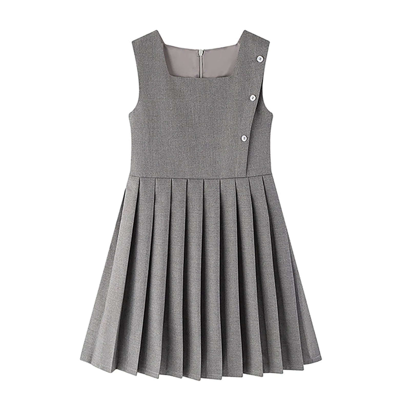 Kids Girls School Uniform Jumper Dress Student Uniform Costume Round Neck Sleeveless Zipper Pleated Dress School Uniforms