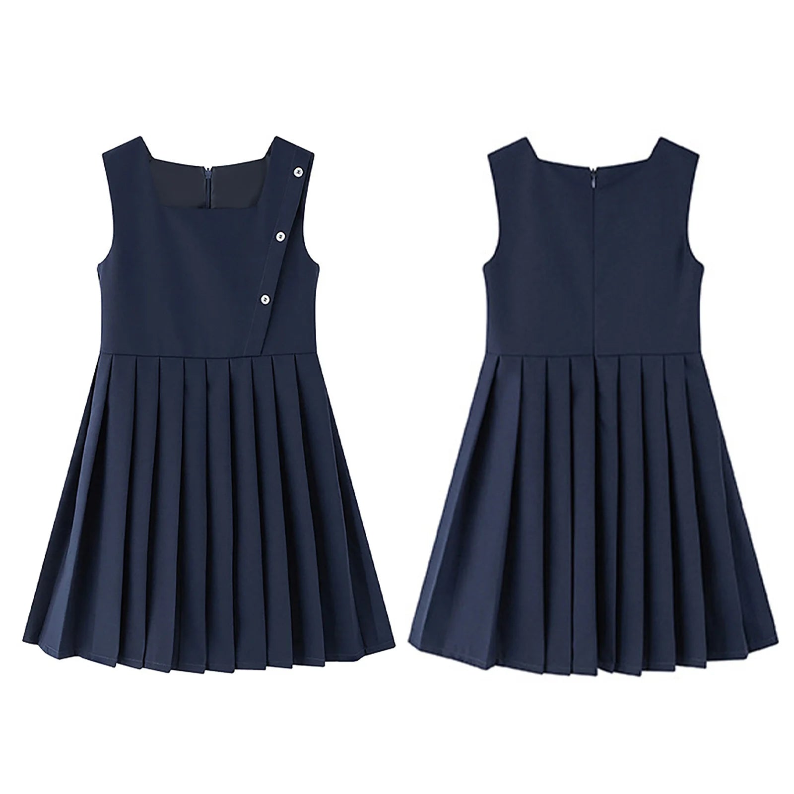 Kids Girls School Uniform Jumper Dress Student Uniform Costume Round Neck Sleeveless Zipper Pleated Dress School Uniforms