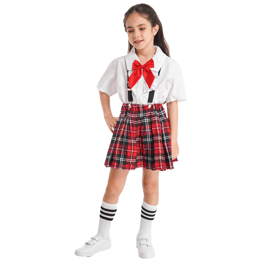 Kids Girls Student School Uniform Shirt Top with Suspenders Skirt Socks Children Choir Stage Performance Suit Schoolgirl Costume