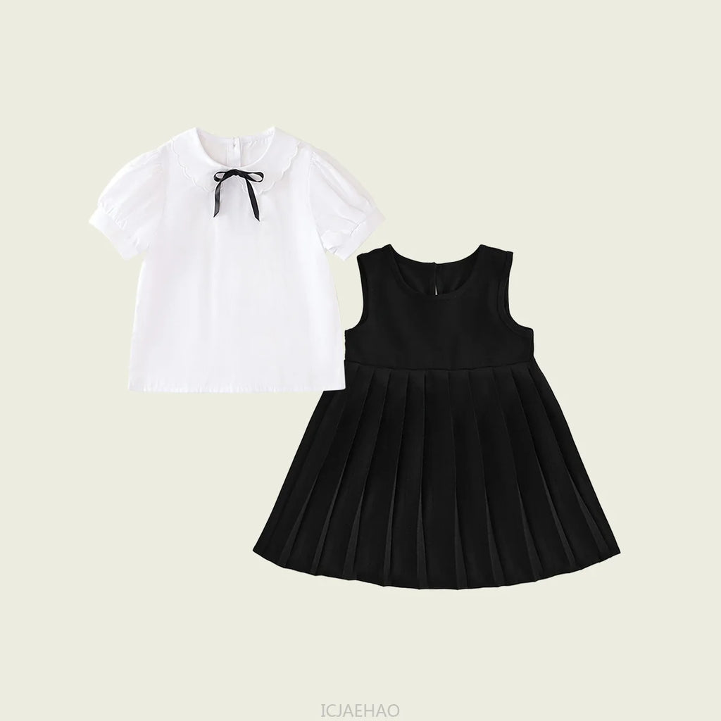 Kids White Blouse Pleated Skirt Sets Sundress Black for Girls Elementary School Student Uniform Suit Blue School Children Dress