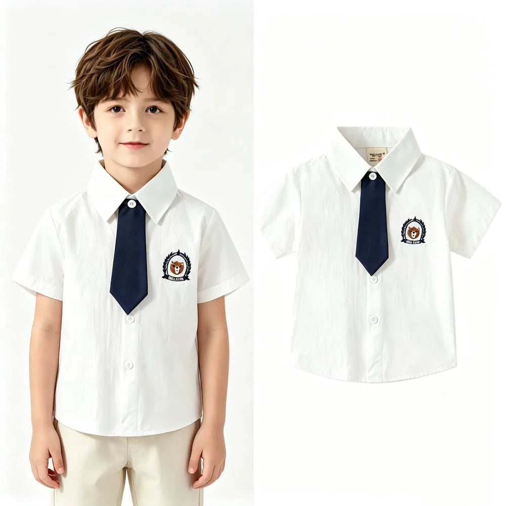 Kids Boys Girls Short Sleeve School Uniform Shirts Bear Embroidery Blouse With Tie Toddler Plaid White Lapel Collar Cotton Tops