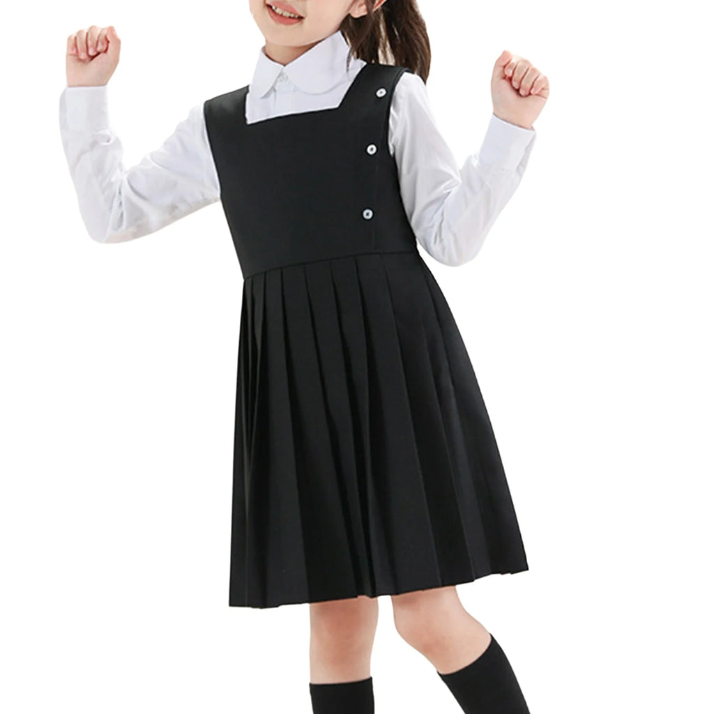 Kids Girls School Uniform Jumper Dress Student Uniform Costume Round Neck Sleeveless Zipper Pleated Dress School Uniforms