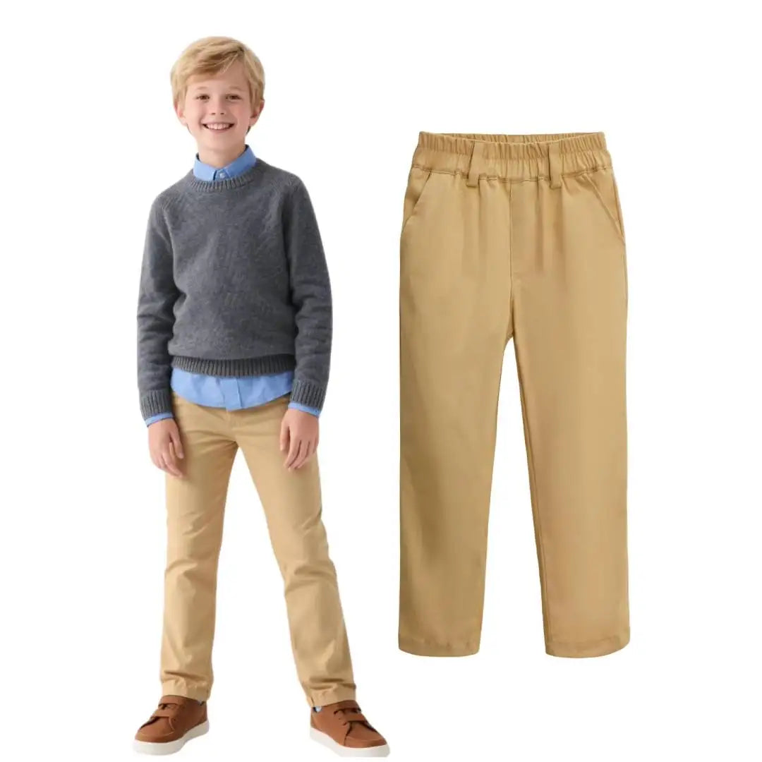 Boys' Khaki Pull-On Pants – Elastic Waist, Soft Fabric, Perfect for School & Play, Easy to Wear & Move In