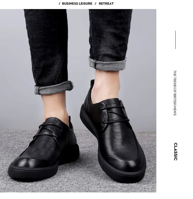 Black Men Dress Casual Shoes British Fashion Round Toe Breathable Soft Sole Comfortable Lace Up