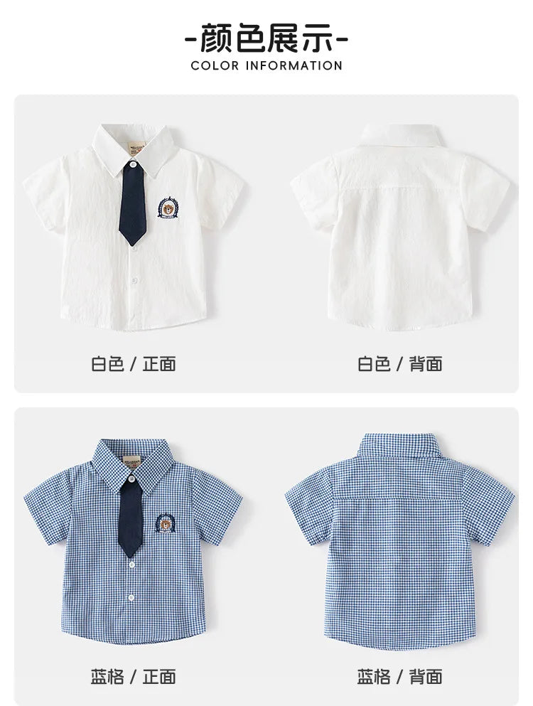 Kids Boys Girls Short Sleeve School Uniform Shirts Bear Embroidery Blouse With Tie Toddler Plaid White Lapel Collar Cotton Tops
