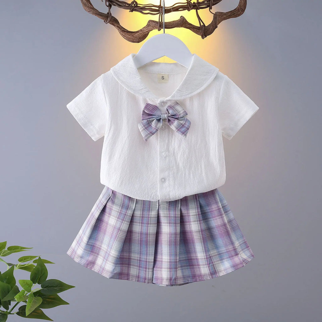 Girls College Style Jk Uniform Pleated Skirt + Short Sleeves Shirts Summer Children Big Kids School Students Sweat Clothes 0-12Y