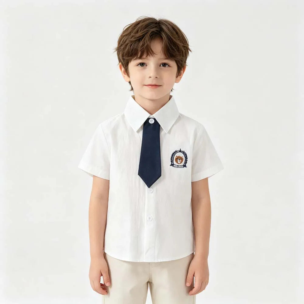 Kids Boys Girls Short Sleeve School Uniform Shirts Bear Embroidery Blouse With Tie Toddler Plaid White Lapel Collar Cotton Tops