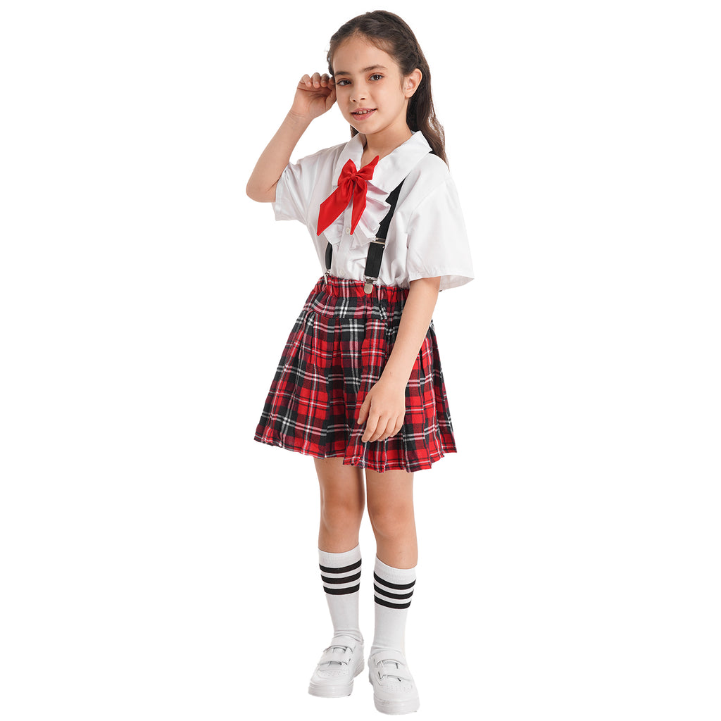 Kids Girls Student School Uniform Shirt Top with Suspenders Skirt Socks Children Choir Stage Performance Suit Schoolgirl Costume