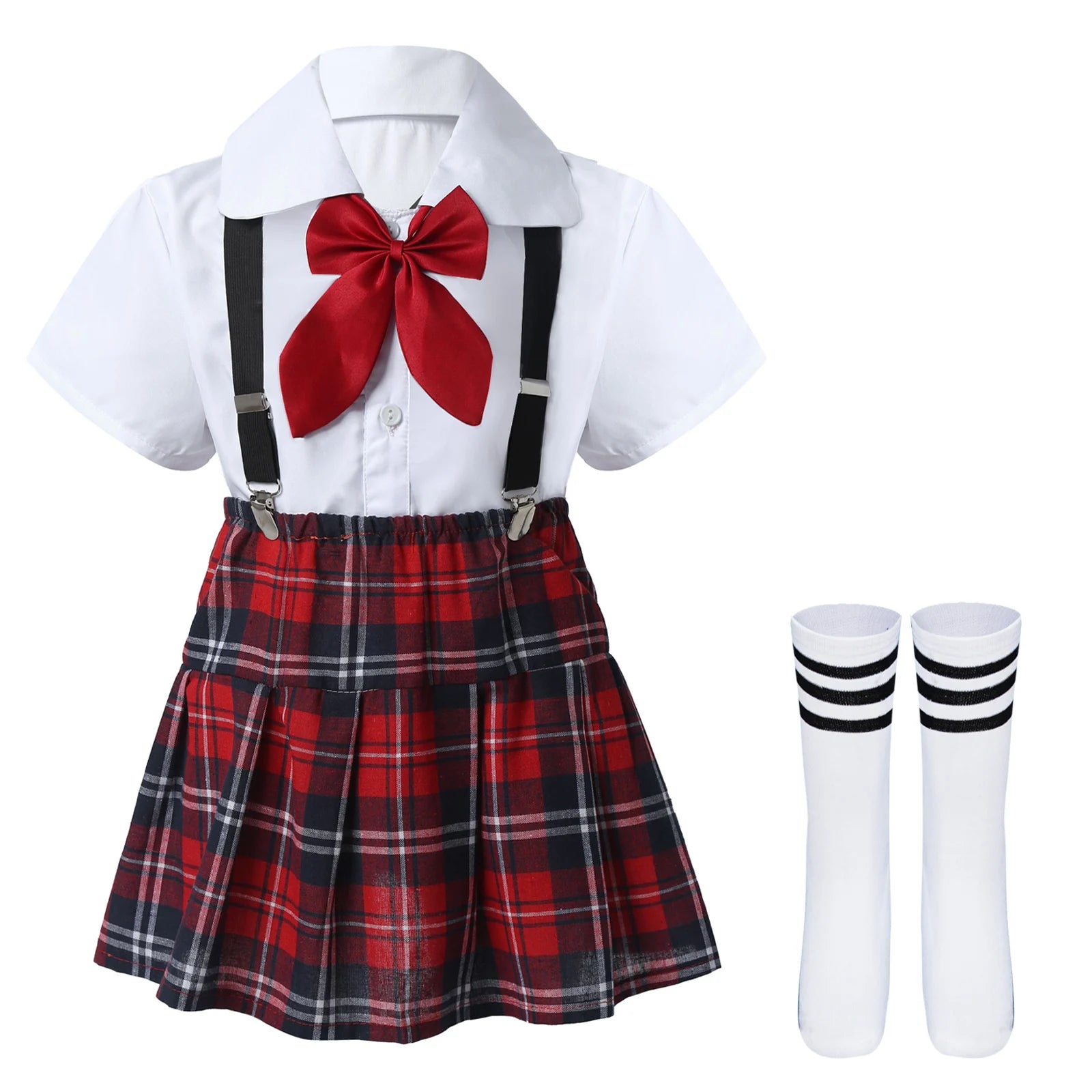 Kids Girls Student School Uniform Shirt Top with Suspenders Skirt Socks Children Choir Stage Performance Suit Schoolgirl Costume