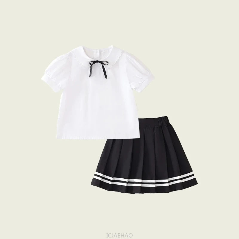 Kids White Blouse Pleated Skirt Sets Sundress Black for Girls Elementary School Student Uniform Suit Blue School Children Dress