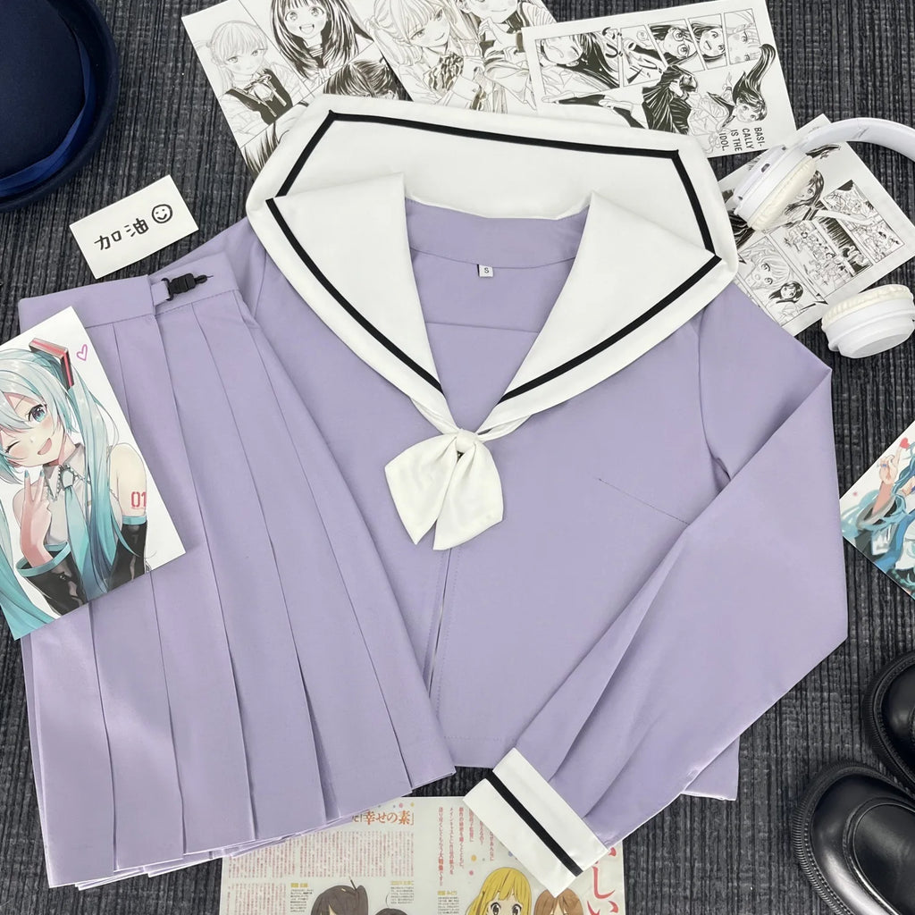 Cute Japanese-style Summer School Uniform Skirt For Girls Cosplay Purple Shirt Jk Sailor Uniform Women's Party Long-sleeve Suit