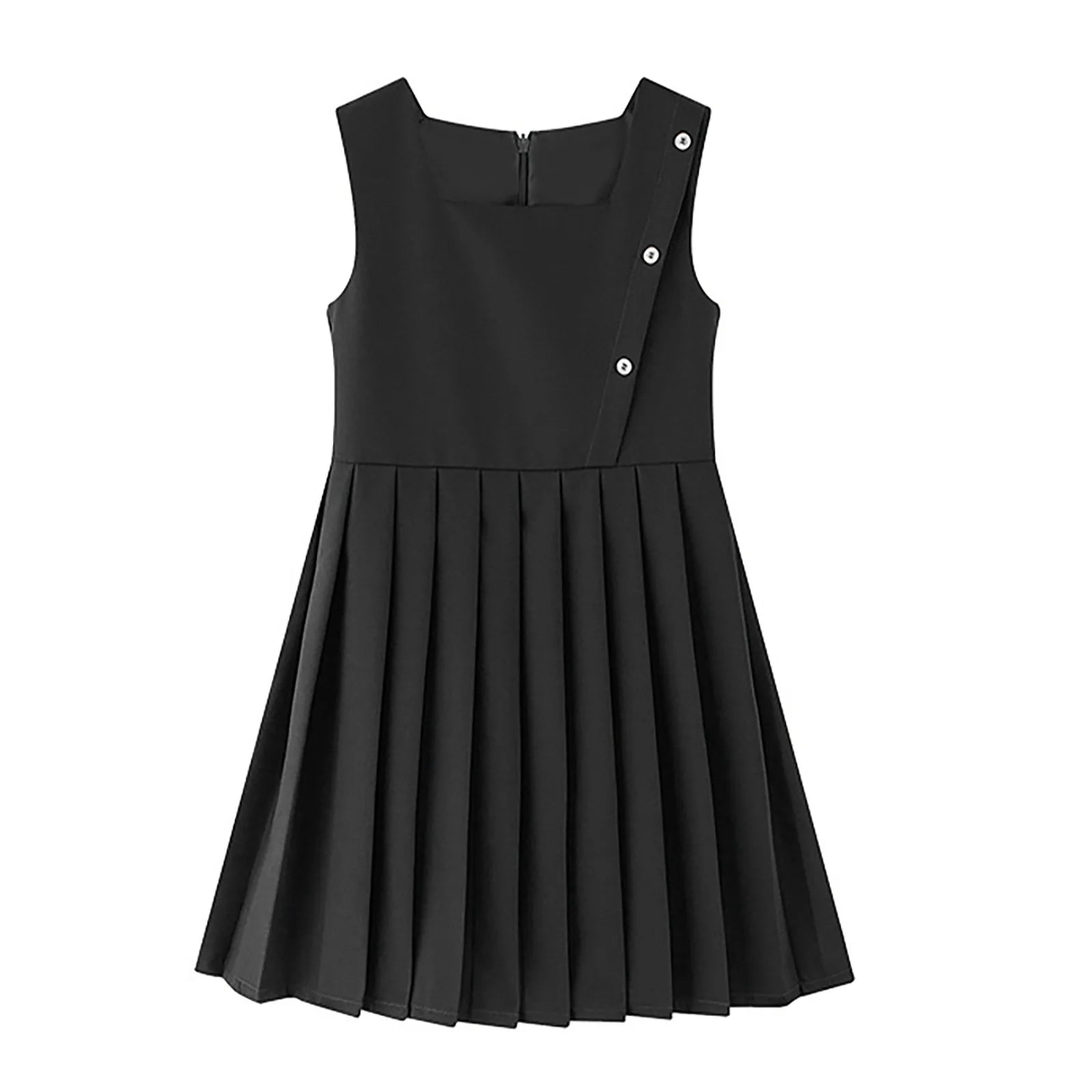 Kids Girls School Uniform Jumper Dress Student Uniform Costume Round Neck Sleeveless Zipper Pleated Dress School Uniforms
