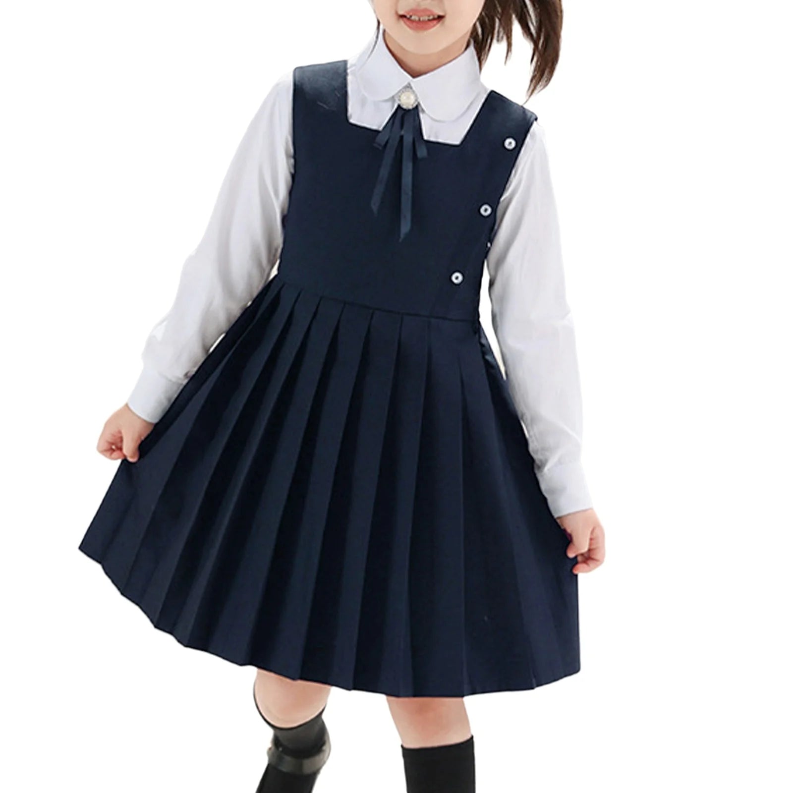 Kids Girls School Uniform Jumper Dress Student Uniform Costume Round Neck Sleeveless Zipper Pleated Dress School Uniforms
