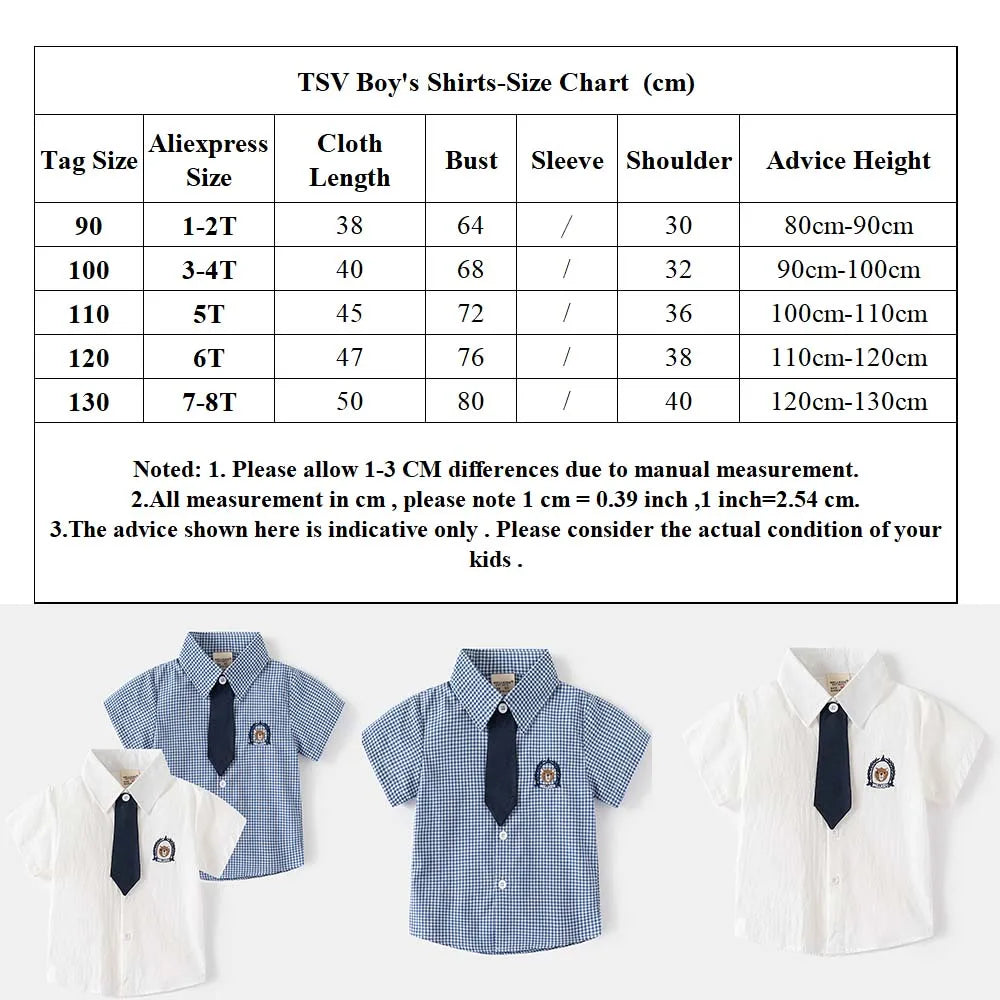 Kids Boys Girls Short Sleeve School Uniform Shirts Bear Embroidery Blouse With Tie Toddler Plaid White Lapel Collar Cotton Tops
