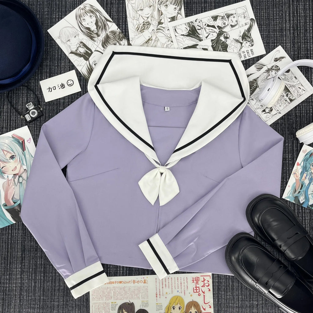 Cute Japanese-style Summer School Uniform Skirt For Girls Cosplay Purple Shirt Jk Sailor Uniform Women's Party Long-sleeve Suit