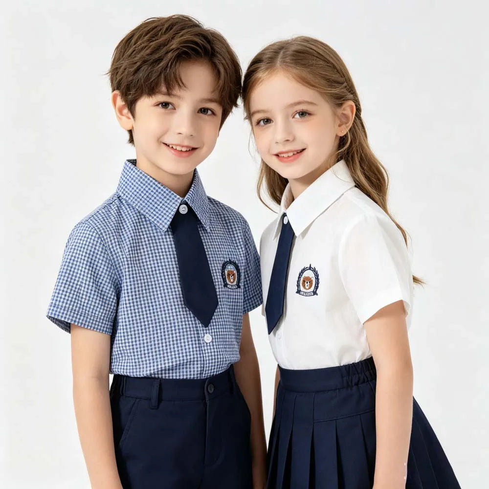 Kids Boys Girls Short Sleeve School Uniform Shirts Bear Embroidery Blouse With Tie Toddler Plaid White Lapel Collar Cotton Tops