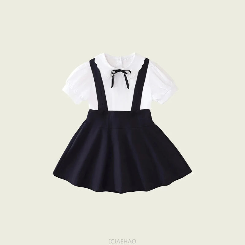 Kids White Blouse Pleated Skirt Sets Sundress Black for Girls Elementary School Student Uniform Suit Blue School Children Dress