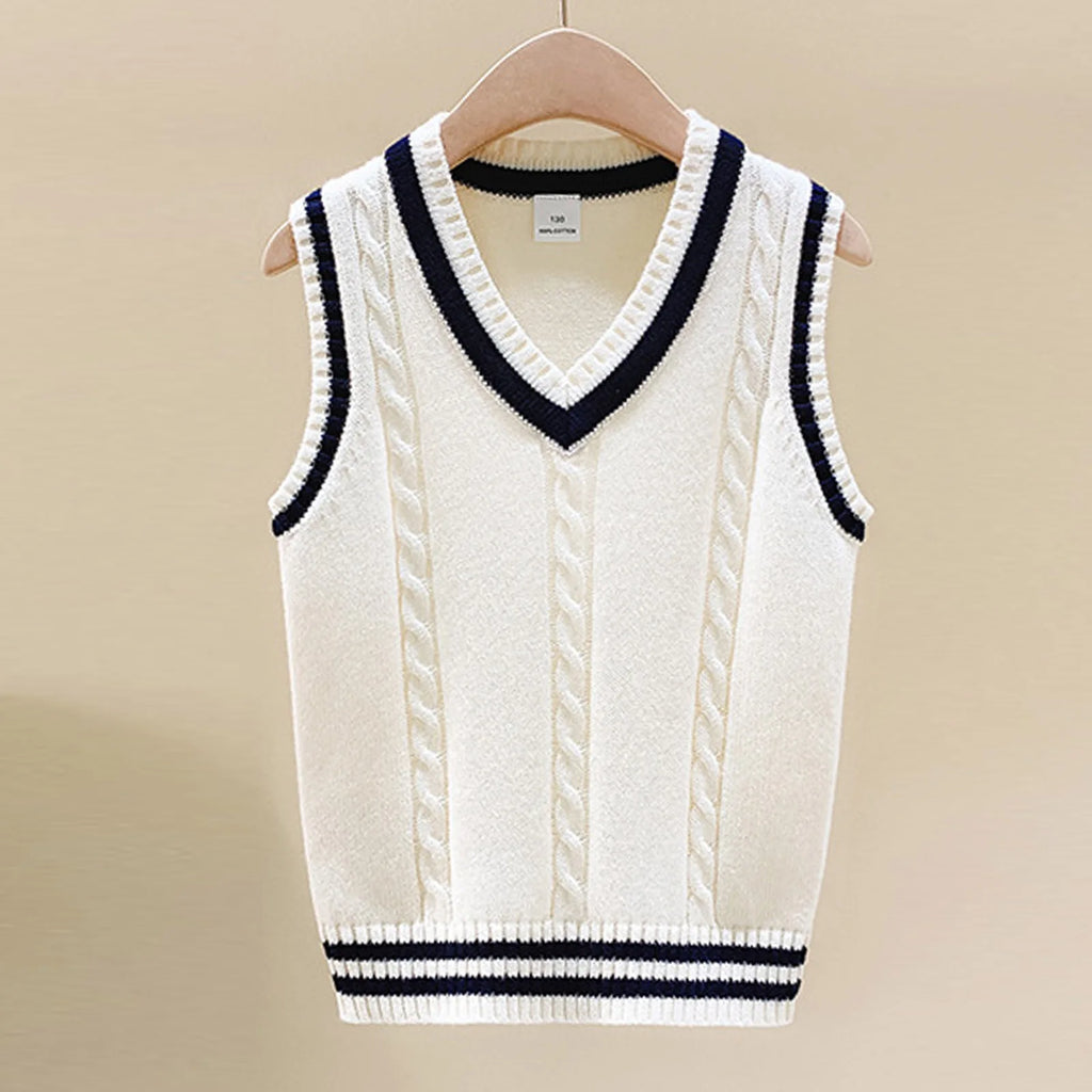 Boys Girls School Uniform Waistcoat Casual Knitted Sweater Vest V Neck Preppy Style Outerwear Children Spring Autumn Clothing
