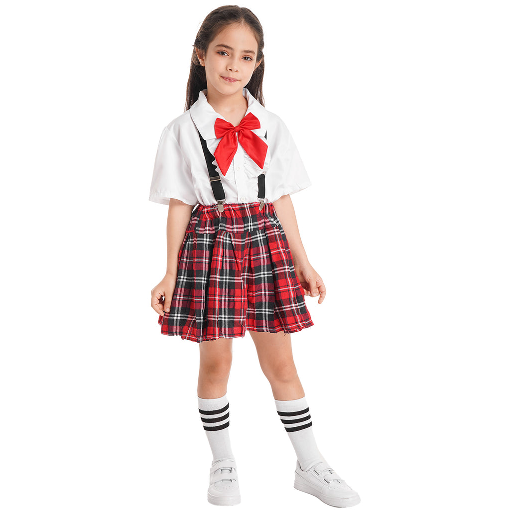 Kids Girls Student School Uniform Shirt Top with Suspenders Skirt Socks Children Choir Stage Performance Suit Schoolgirl Costume