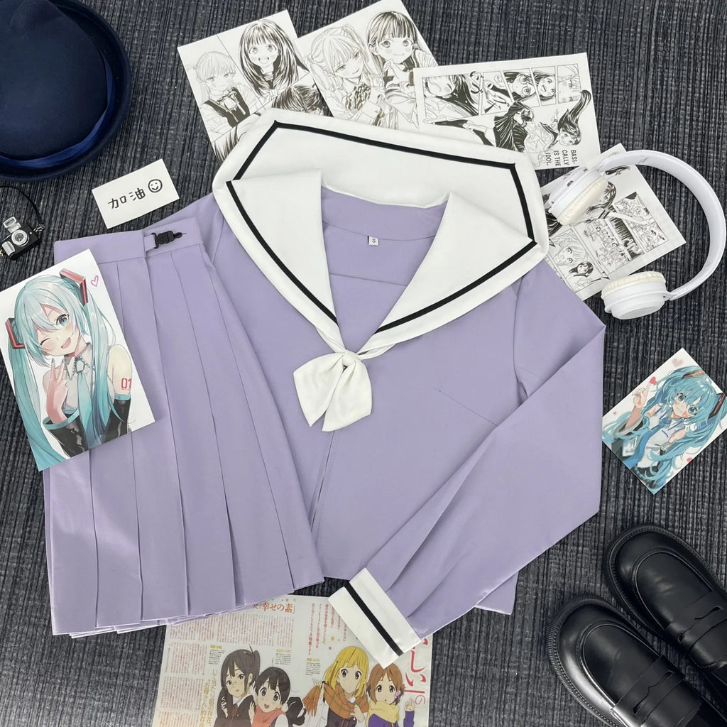 Cute Japanese-style Summer School Uniform Skirt For Girls Cosplay Purple Shirt Jk Sailor Uniform Women's Party Long-sleeve Suit