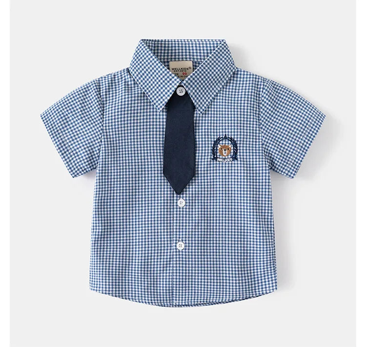 Kids Boys Girls Short Sleeve School Uniform Shirts Bear Embroidery Blouse With Tie Toddler Plaid White Lapel Collar Cotton Tops