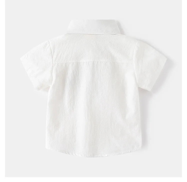 Kids Boys Girls Short Sleeve School Uniform Shirts Bear Embroidery Blouse With Tie Toddler Plaid White Lapel Collar Cotton Tops