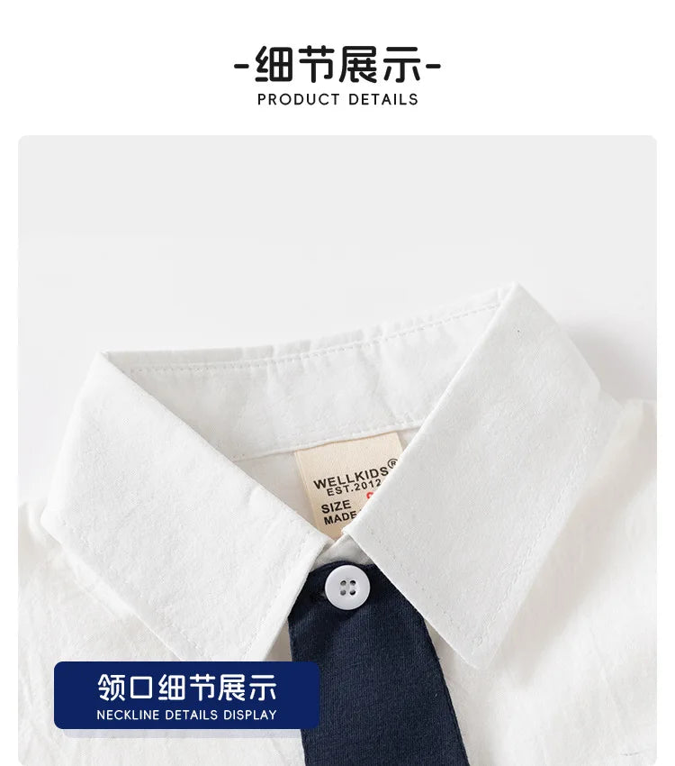 Kids Boys Girls Short Sleeve School Uniform Shirts Bear Embroidery Blouse With Tie Toddler Plaid White Lapel Collar Cotton Tops