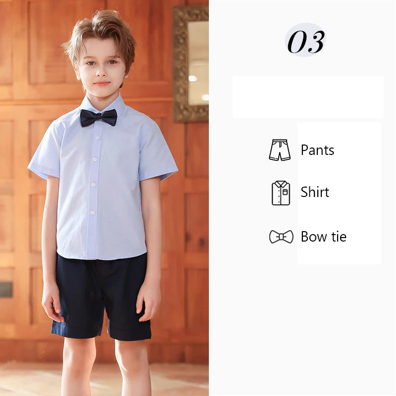 Children Summer Kindergarten School Uniforms Girls Pleated Skirts JK Suit Boys Shirt Shorts Bowtie Wedding Performance Costume