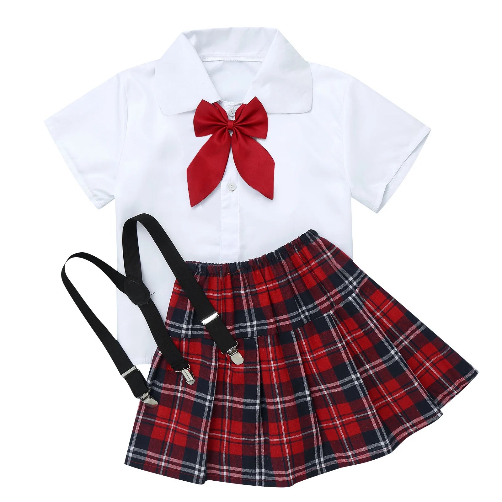Kids Girls Student School Uniform Shirt Top with Suspenders Skirt Socks Children Choir Stage Performance Suit Schoolgirl Costume