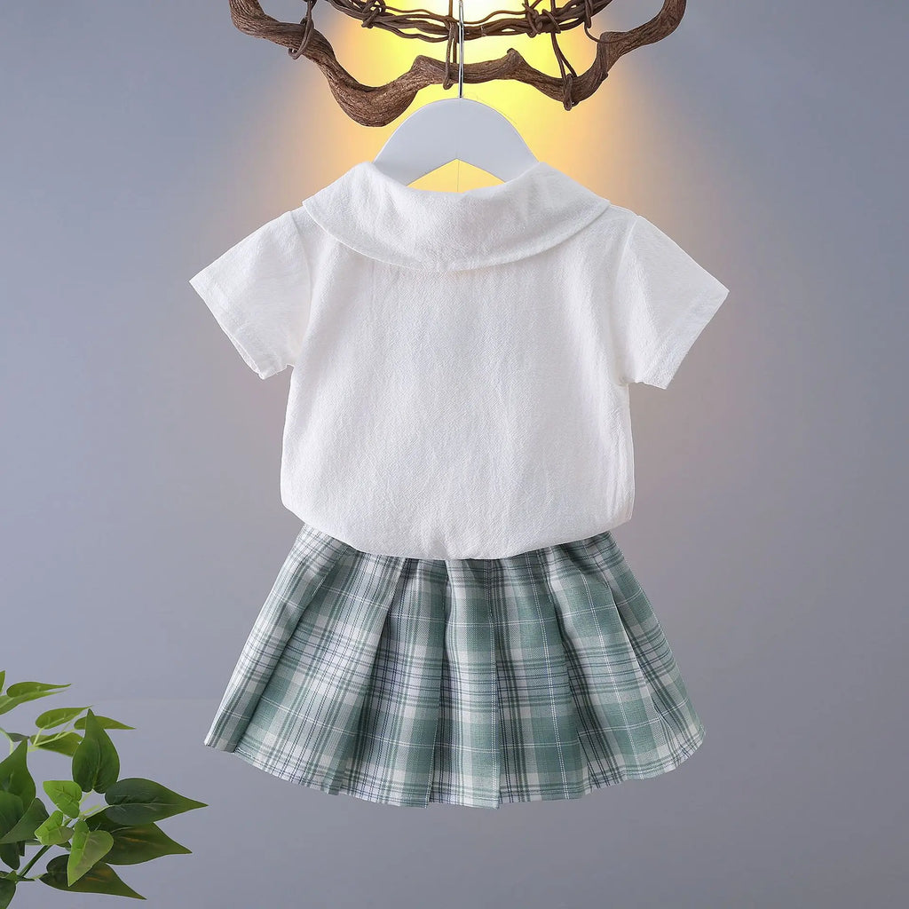 Girls College Style Jk Uniform Pleated Skirt + Short Sleeves Shirts Summer Children Big Kids School Students Sweat Clothes 0-12Y