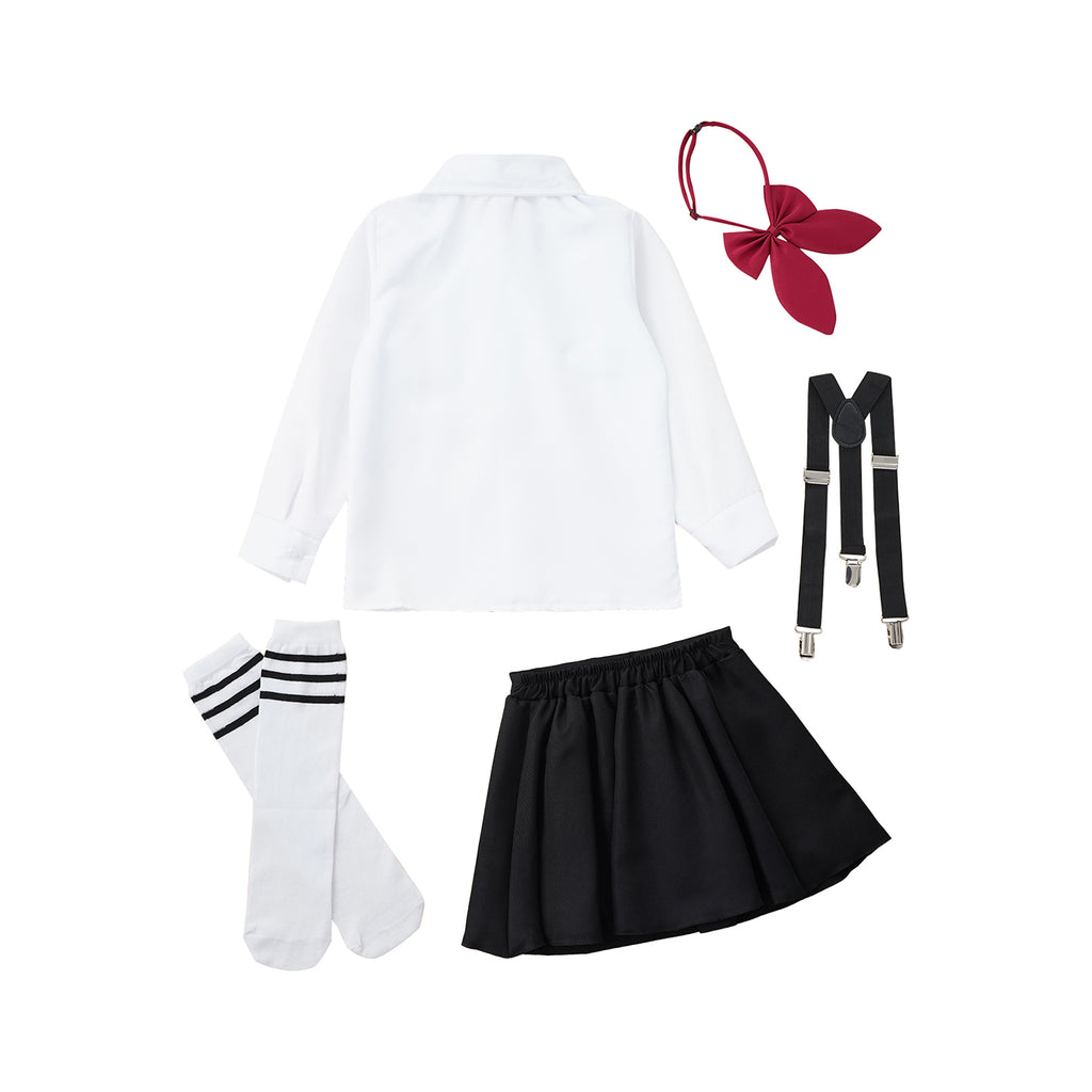 Kids Girls Student School Uniform Shirt Top with Suspenders Skirt Socks Children Choir Stage Performance Suit Schoolgirl Costume