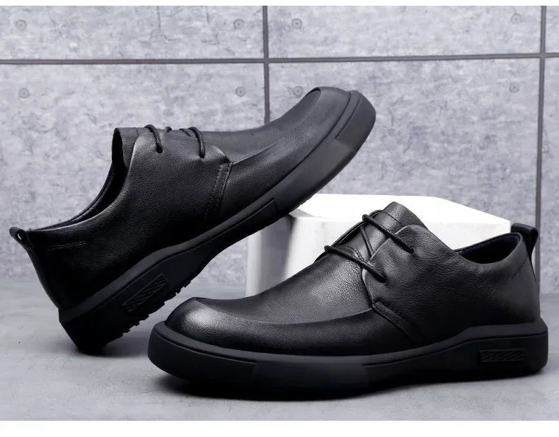 Black Men Dress Casual Shoes British Fashion Round Toe Breathable Soft Sole Comfortable Lace Up