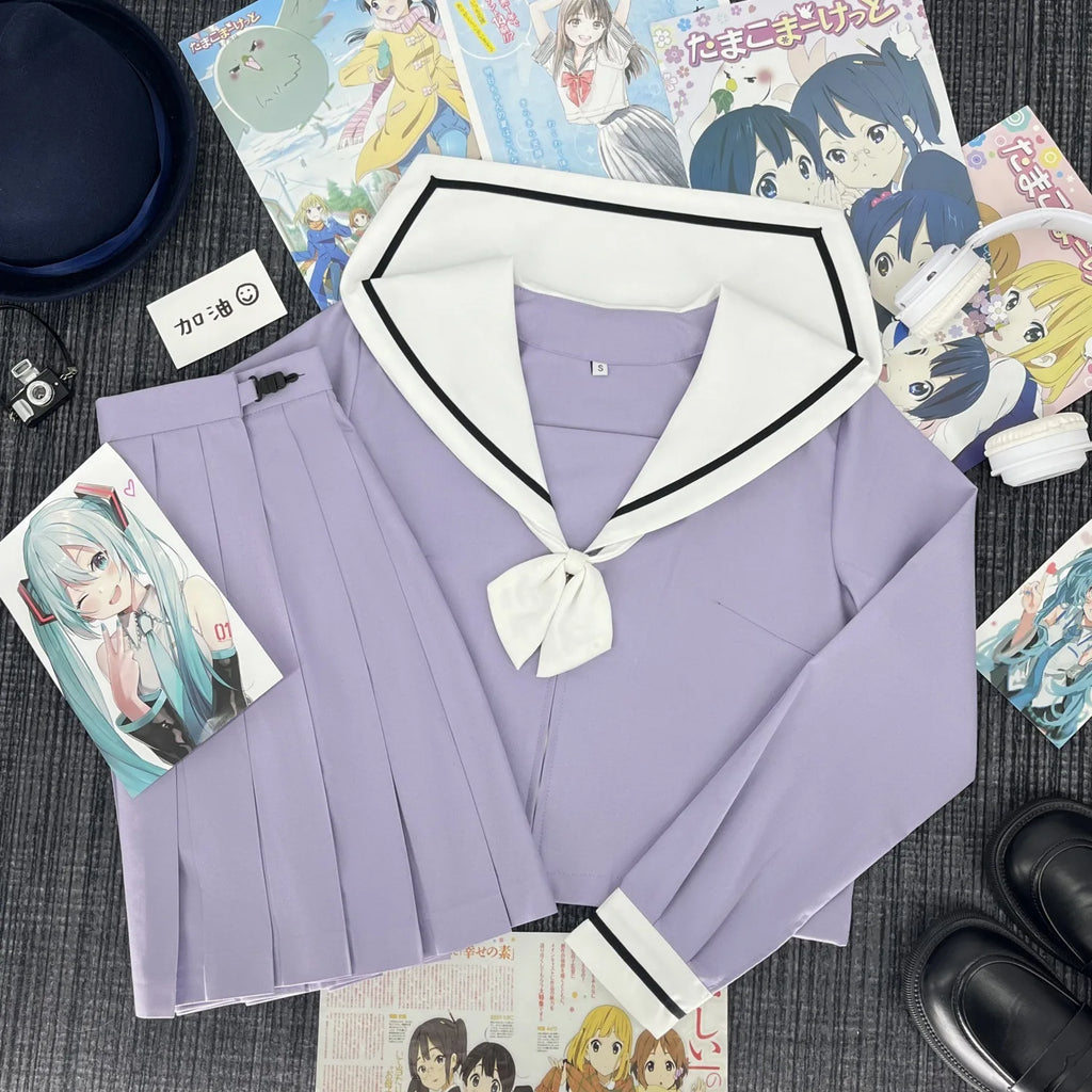 Cute Japanese-style Summer School Uniform Skirt For Girls Cosplay Purple Shirt Jk Sailor Uniform Women's Party Long-sleeve Suit