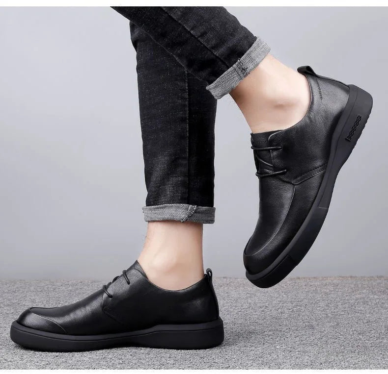 Black Men Dress Casual Shoes British Fashion Round Toe Breathable Soft Sole Comfortable Lace Up